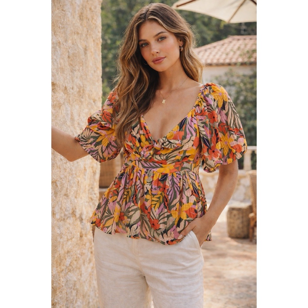 LOFT Floral Print Tie Neck Short Sleeve Blouse Top Sz L Resort Going Out